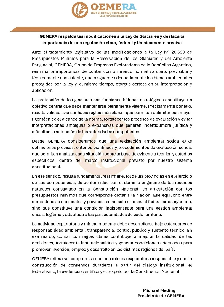 GEMERA respalda las modificaciones a la Ley de Glaciares y destaca la importancia de una regulación clara, federal y técnicamente precisa